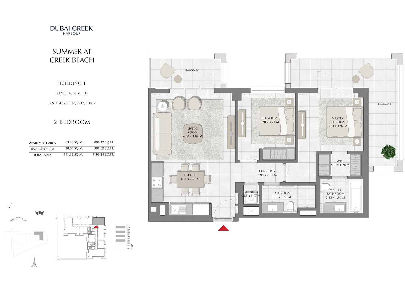 2 Br Building 1 Level-4-6-8-10 Unit 407-607-807-1007, Size 1198 Sq Ft